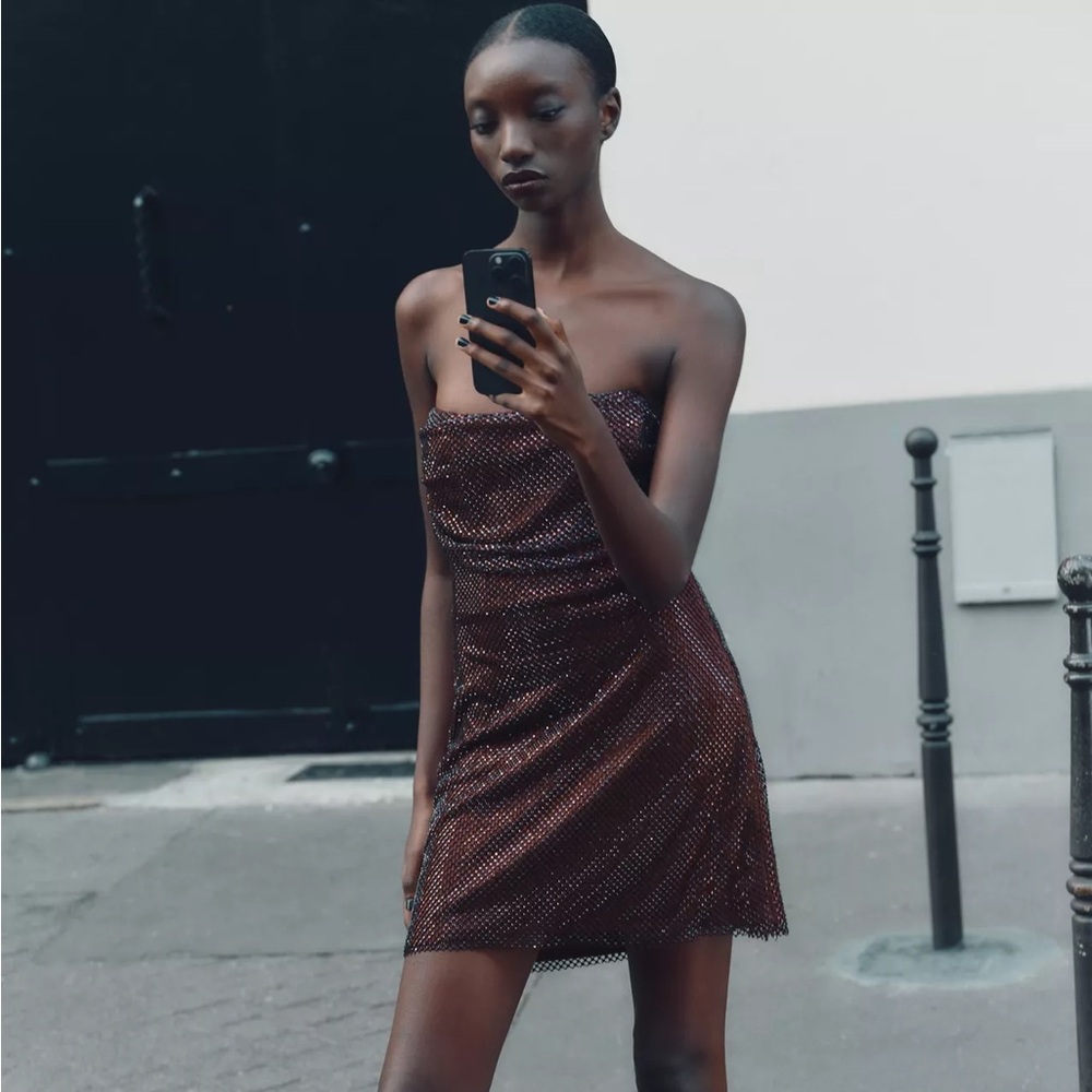 Zara Strapless Eggplant Sparkle Dress M - NEW
